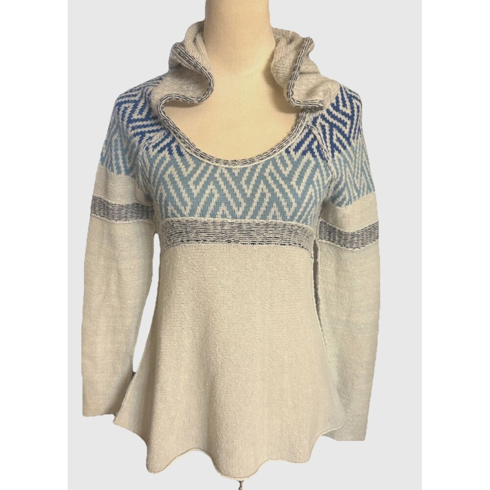 Free People Hooded Aztec Boho Cozy Cottage Gray Blue Knit Wool Blend Sweater XS